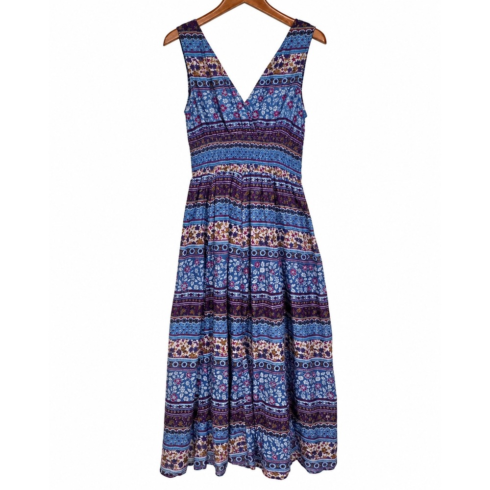 Jane Ashley Blue Purple Floral Cotton Smocked Waist V-Neck Midi Dress Womens M
